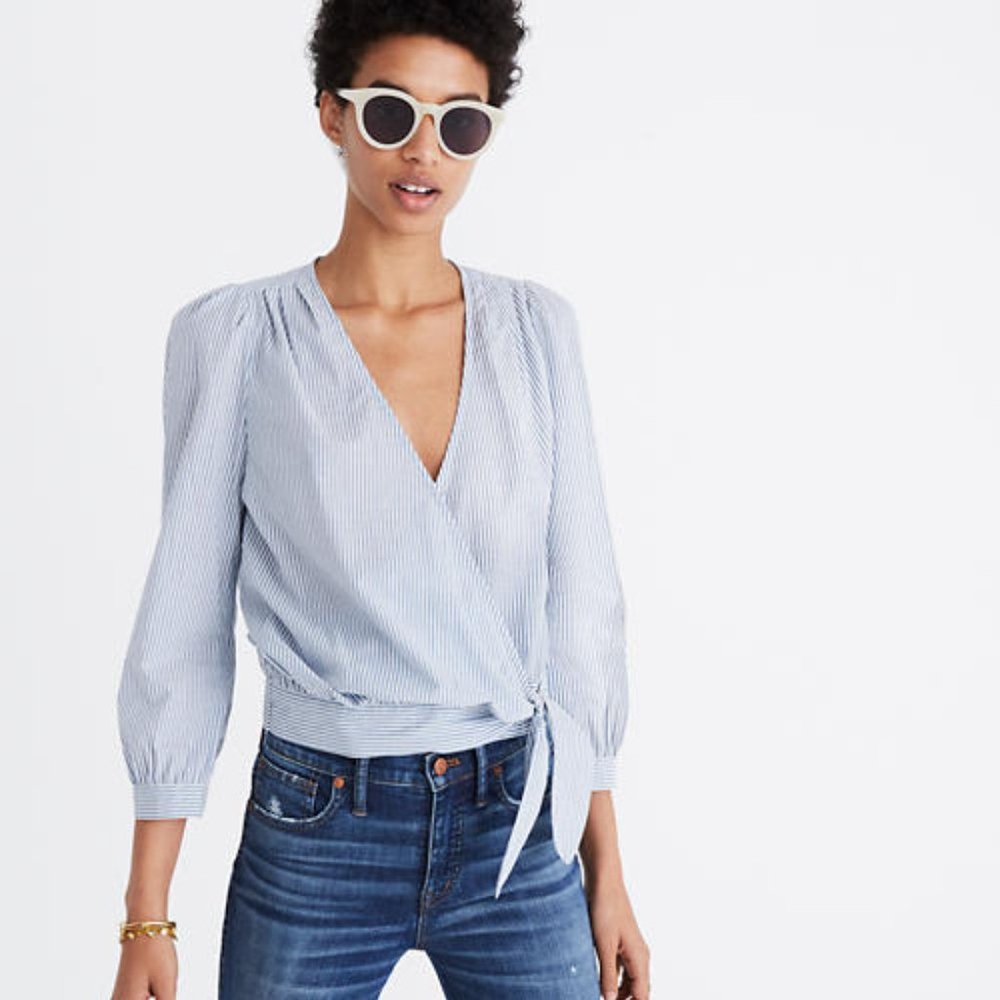 Madewell wrap top in blue stripe SMALL